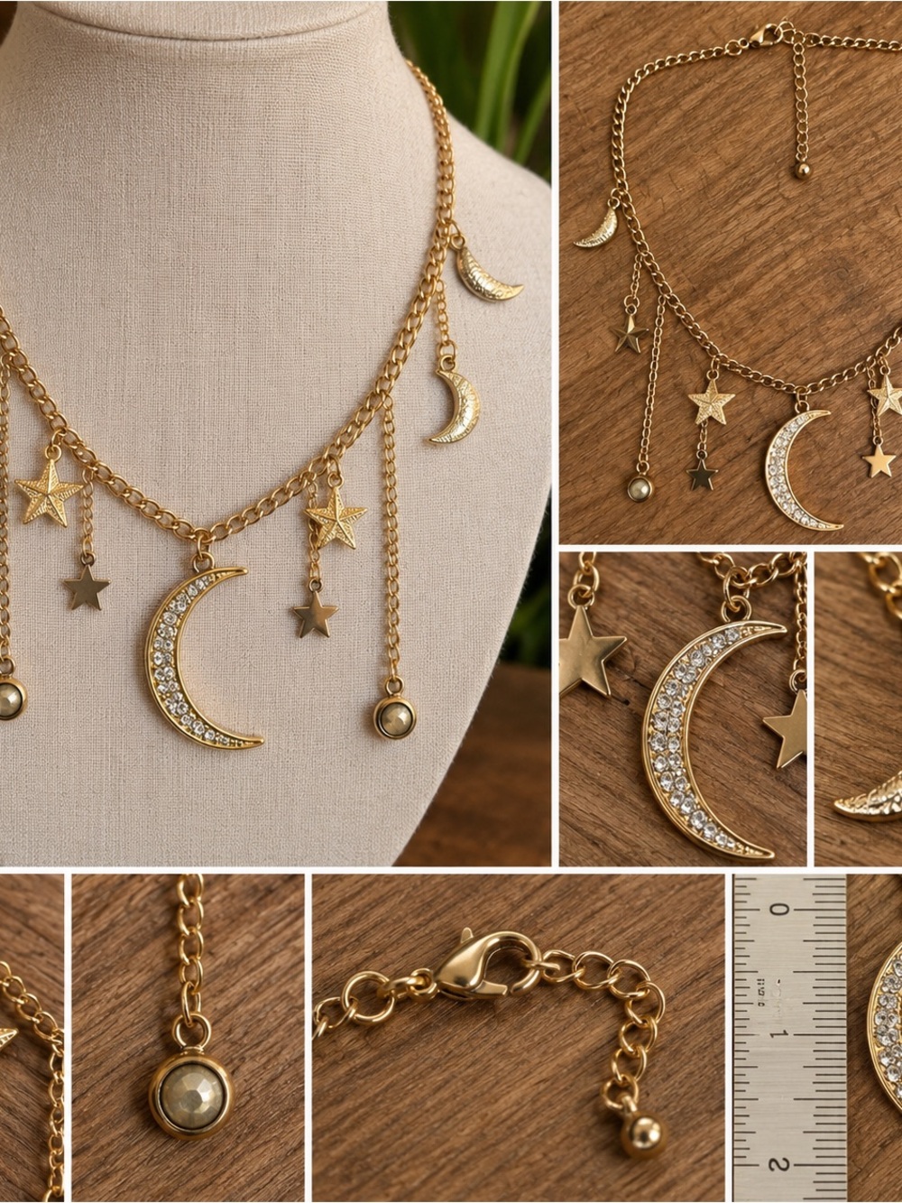 Gold Tone Celestial Moon Stars Layered Charm Necklace Rhinestone